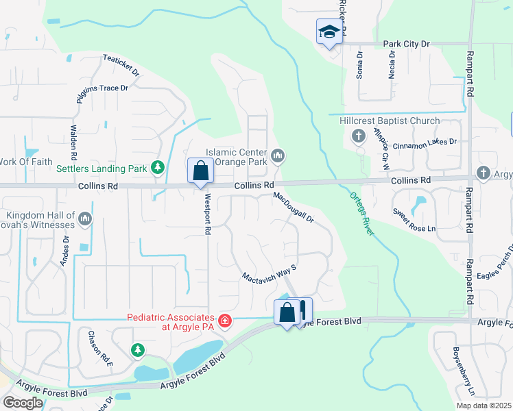 map of restaurants, bars, coffee shops, grocery stores, and more near 8008 Macinnes Drive East in Jacksonville