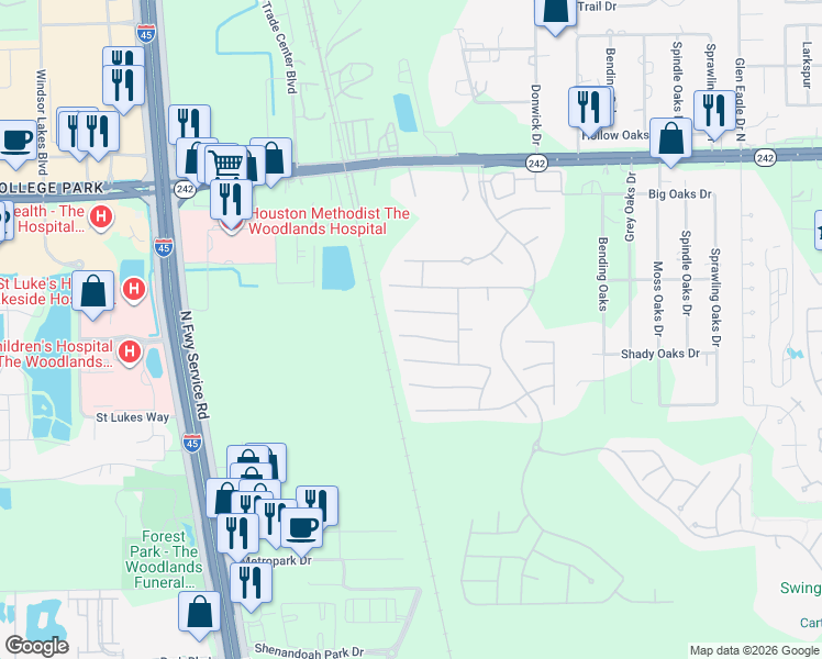 map of restaurants, bars, coffee shops, grocery stores, and more near 8115 Spreadwing Street in Conroe