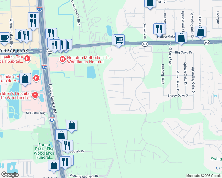 map of restaurants, bars, coffee shops, grocery stores, and more near 8115 Spreadwing Street in Conroe