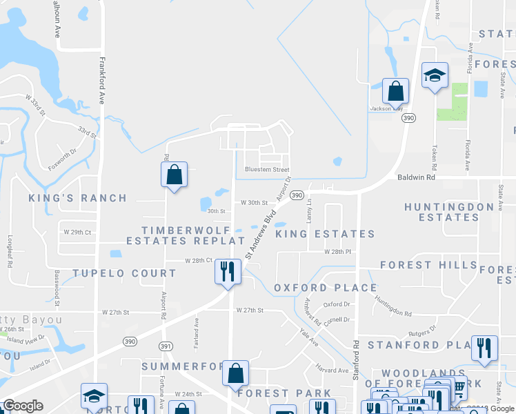 map of restaurants, bars, coffee shops, grocery stores, and more near 1305 West 30th Street in Panama City