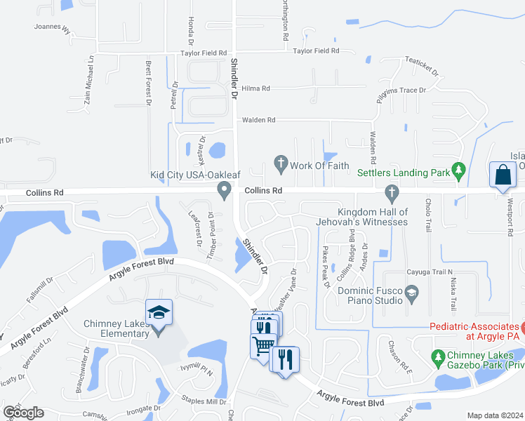 map of restaurants, bars, coffee shops, grocery stores, and more near 7741 Sugartree Court in Jacksonville