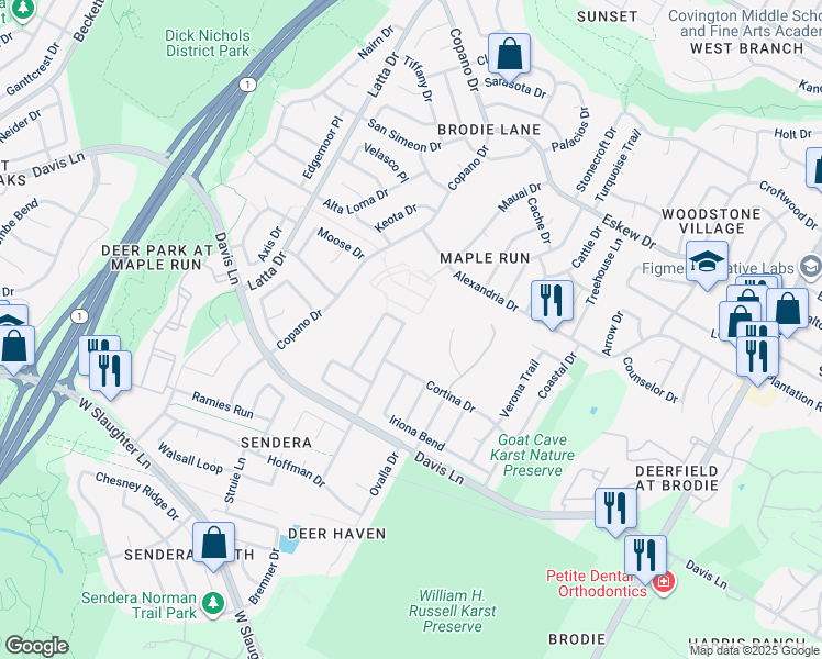 map of restaurants, bars, coffee shops, grocery stores, and more near 8708 Corran Ferry Drive in Austin