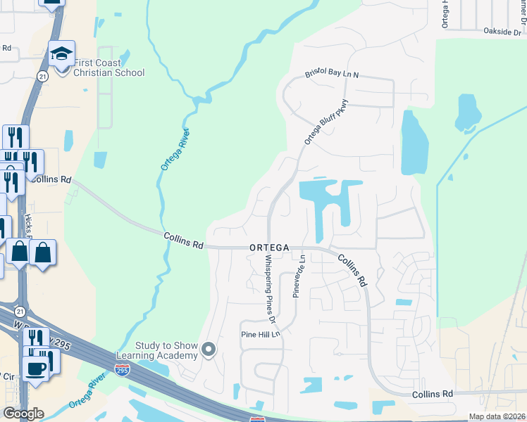map of restaurants, bars, coffee shops, grocery stores, and more near 5511 Kilcullen Lane in Jacksonville