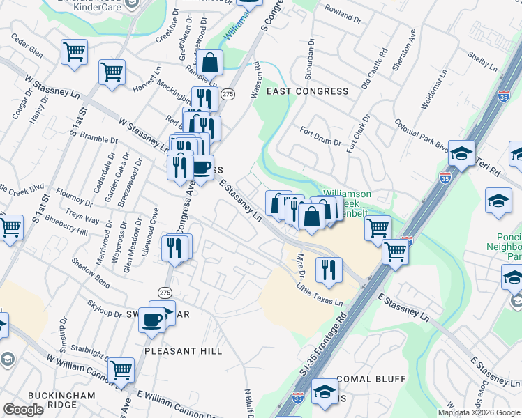 map of restaurants, bars, coffee shops, grocery stores, and more near 500 East Stassney Lane in Austin