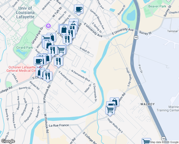 map of restaurants, bars, coffee shops, grocery stores, and more near 200 Lakewood Drive in Lafayette