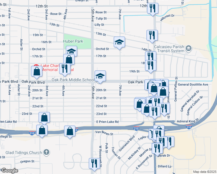 map of restaurants, bars, coffee shops, grocery stores, and more near 2200 Oak Park Boulevard in Lake Charles