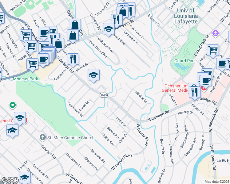 map of restaurants, bars, coffee shops, grocery stores, and more near 108 Park Ridge Lane in Lafayette