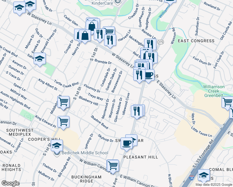 map of restaurants, bars, coffee shops, grocery stores, and more near 310A Flournoy Drive in Austin