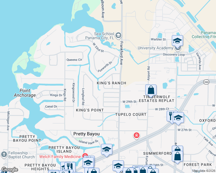 map of restaurants, bars, coffee shops, grocery stores, and more near 2128 Briawood Circle in Panama City