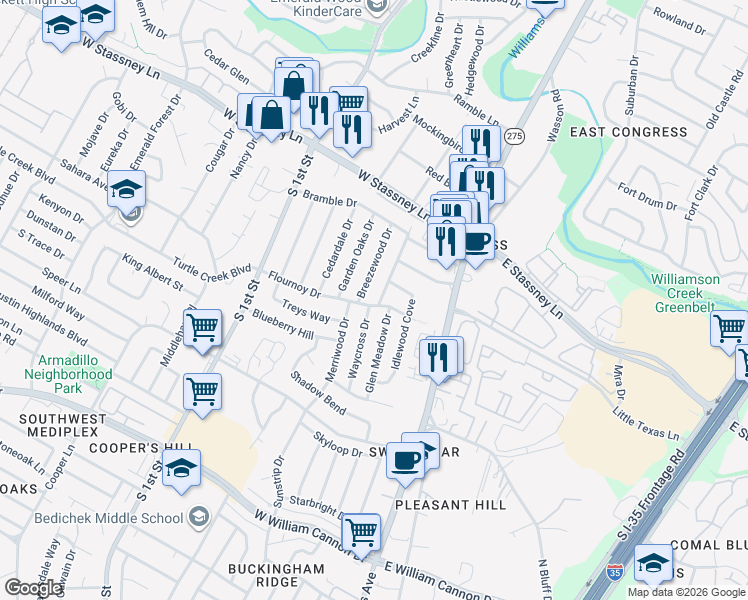 map of restaurants, bars, coffee shops, grocery stores, and more near 310A Flournoy Drive in Austin