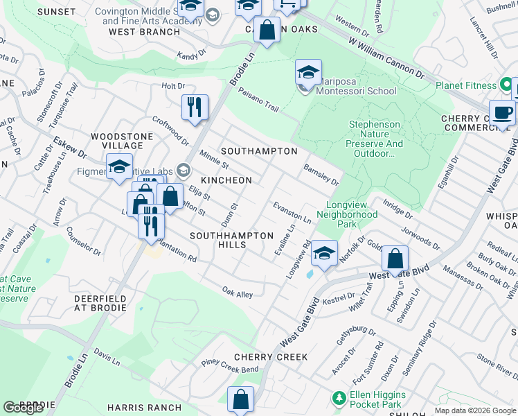 map of restaurants, bars, coffee shops, grocery stores, and more near 7801-7899 Clydesdale Drive in Austin
