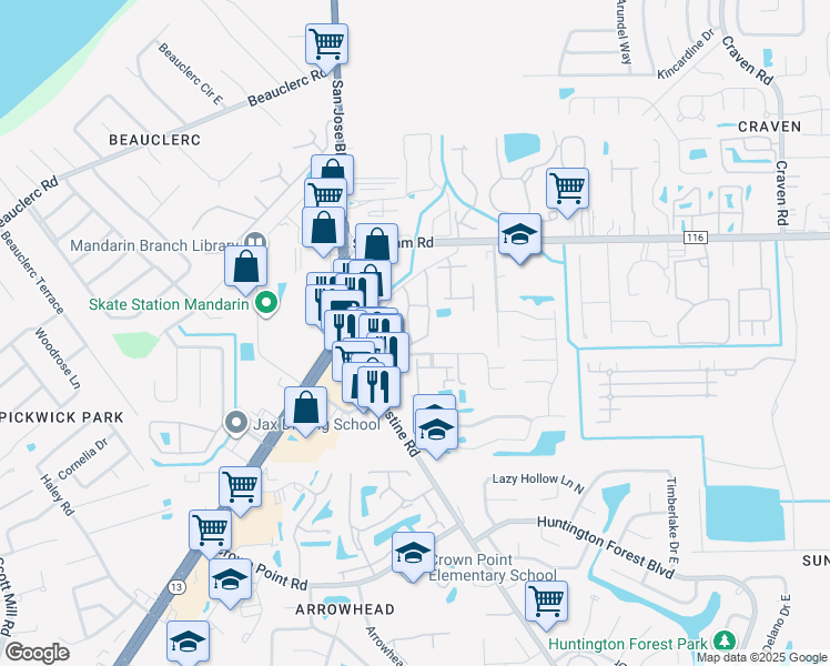 map of restaurants, bars, coffee shops, grocery stores, and more near in Jacksonville