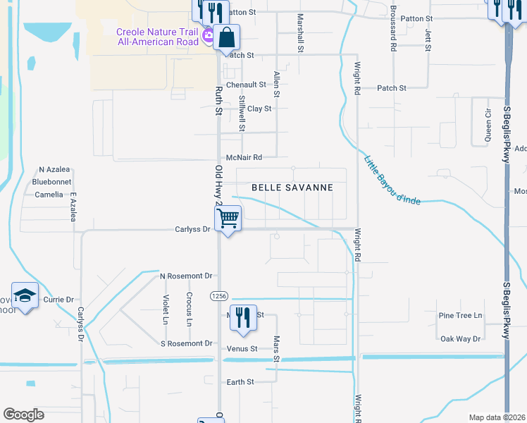 map of restaurants, bars, coffee shops, grocery stores, and more near 1000 Carlyss Drive in Sulphur