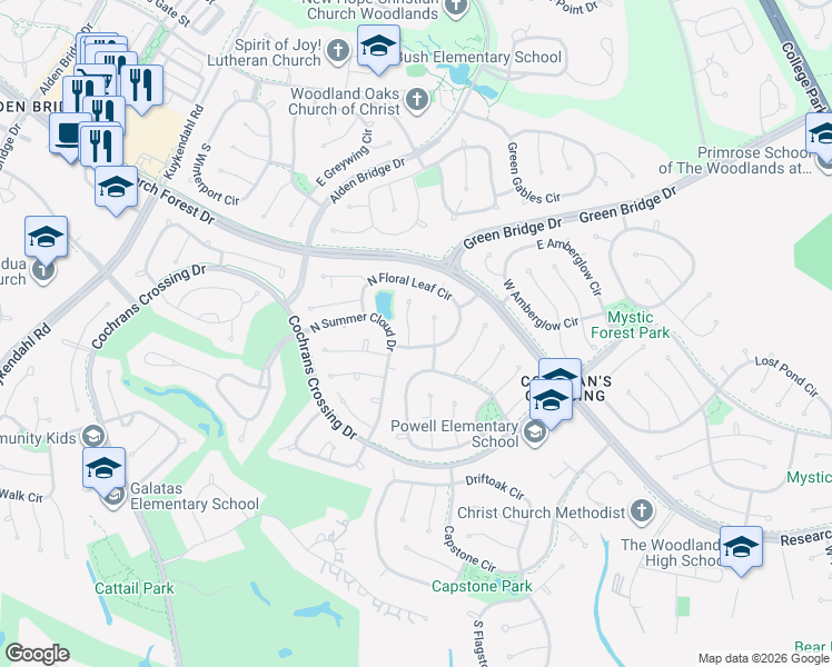 map of restaurants, bars, coffee shops, grocery stores, and more near 23 Wingspan Drive in Spring