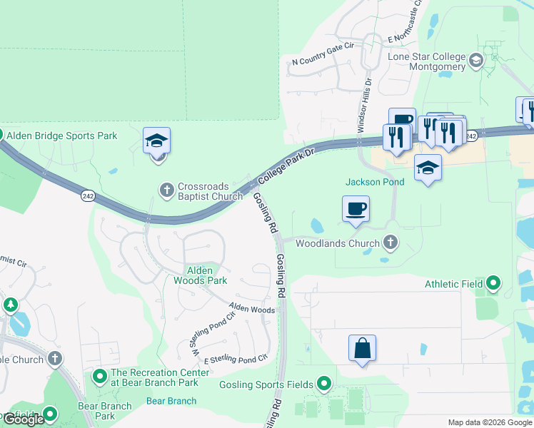 map of restaurants, bars, coffee shops, grocery stores, and more near 7575 Gosling Road in Spring