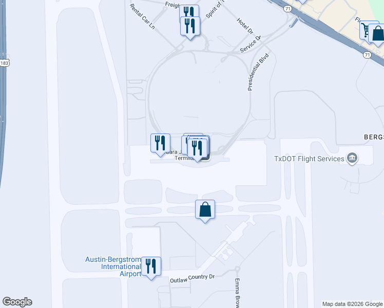 map of restaurants, bars, coffee shops, grocery stores, and more near 3600 Presidential Boulevard in Austin