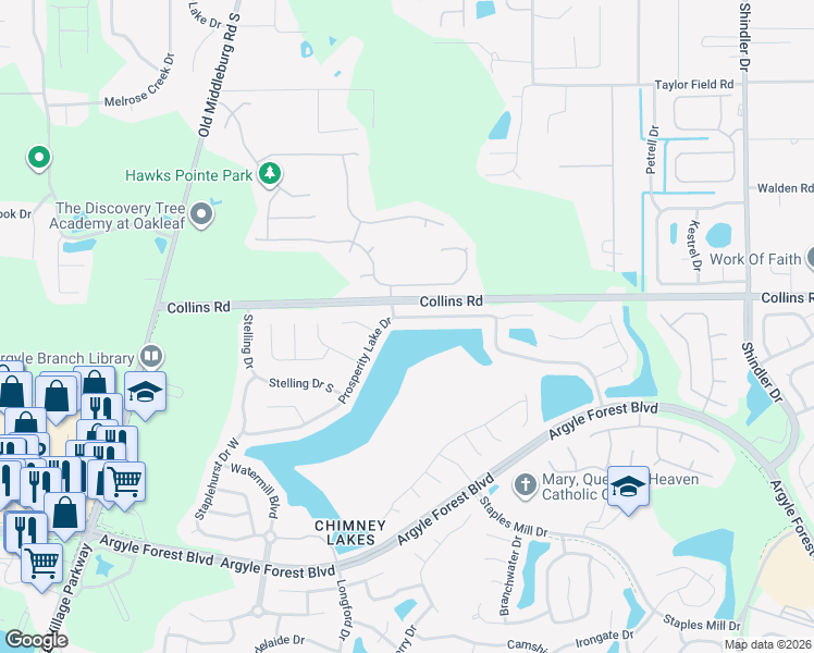 map of restaurants, bars, coffee shops, grocery stores, and more near 9200 Prosperity Lake Drive in Jacksonville