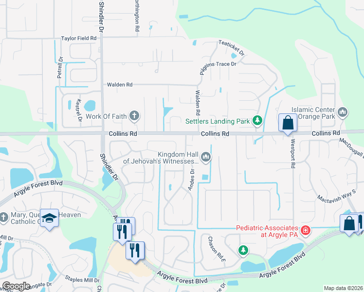 map of restaurants, bars, coffee shops, grocery stores, and more near 7650 Collins Ridge Boulevard in Jacksonville