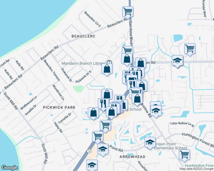 map of restaurants, bars, coffee shops, grocery stores, and more near 3390 Kori Road in Jacksonville