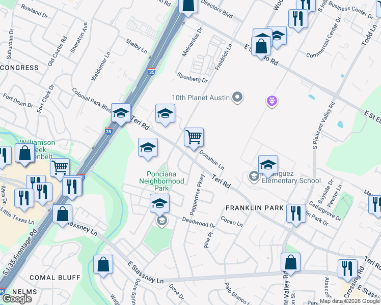 map of restaurants, bars, coffee shops, grocery stores, and more near 4907 Merritt Drive in Austin