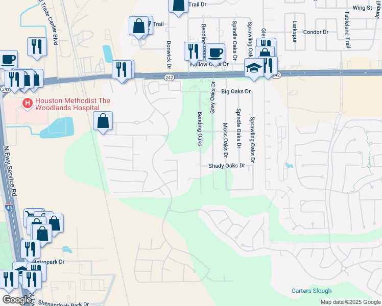 map of restaurants, bars, coffee shops, grocery stores, and more near 8231 Horsetail Court in Conroe