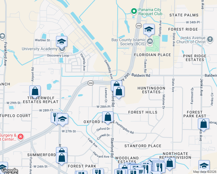 map of restaurants, bars, coffee shops, grocery stores, and more near 3108 Lawton Court in Panama City