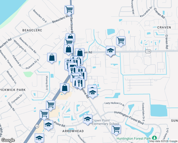 map of restaurants, bars, coffee shops, grocery stores, and more near 3857 Pritmore Road in Jacksonville