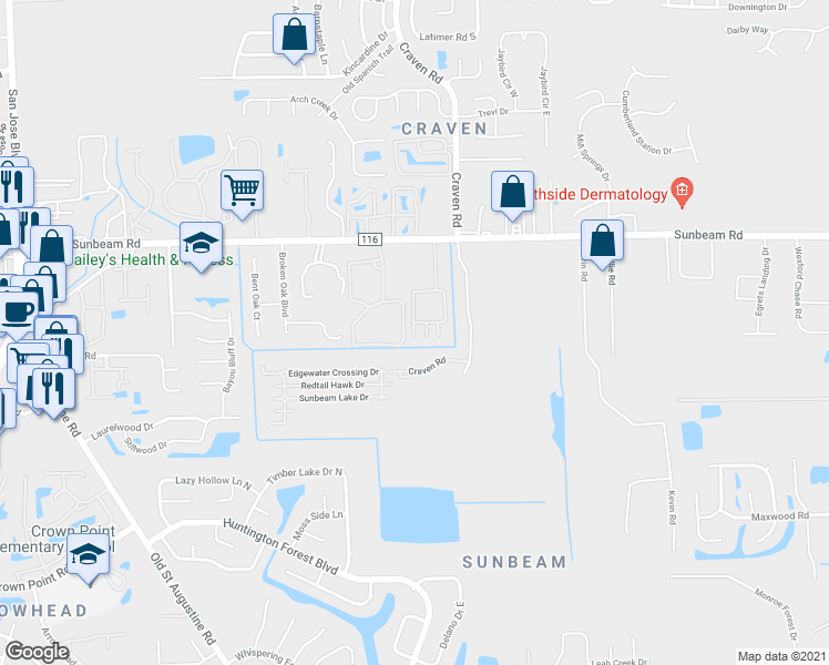 map of restaurants, bars, coffee shops, grocery stores, and more near 9690 Amarante Way in Jacksonville