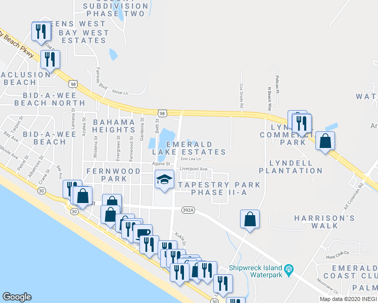 map of restaurants, bars, coffee shops, grocery stores, and more near 12561 Emerald Lake Drive in Panama City Beach