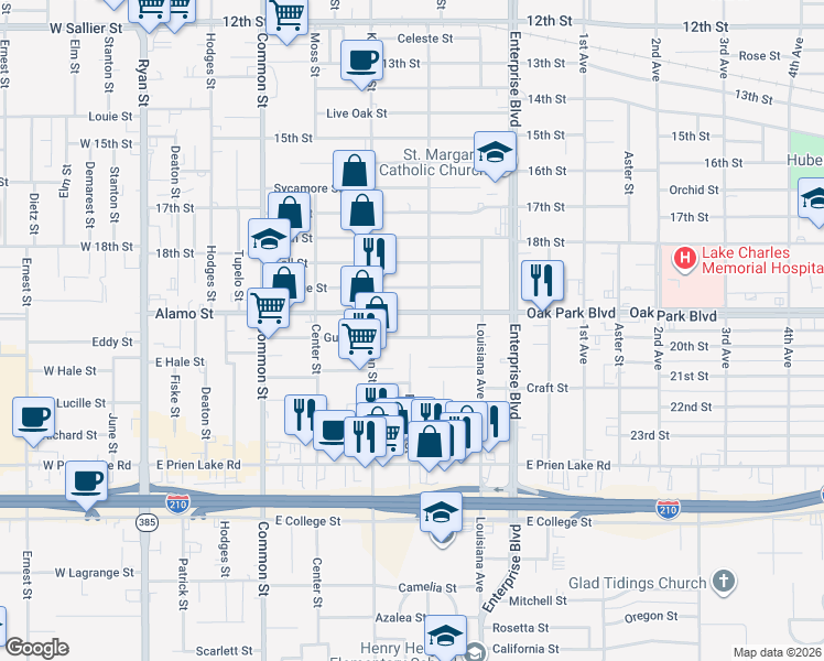 map of restaurants, bars, coffee shops, grocery stores, and more near 916 Gulf Street in Lake Charles