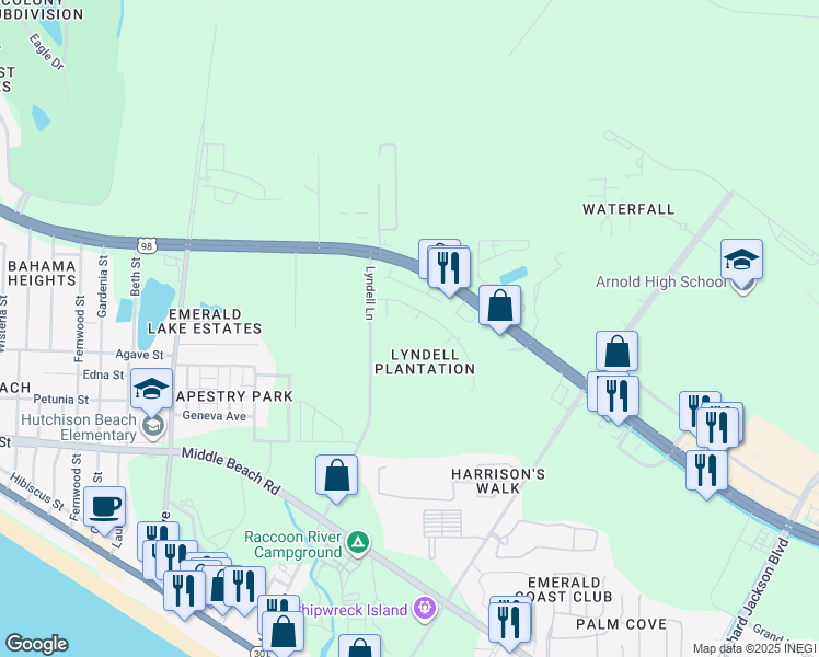 map of restaurants, bars, coffee shops, grocery stores, and more near 701 Lyndell Place in Panama City Beach