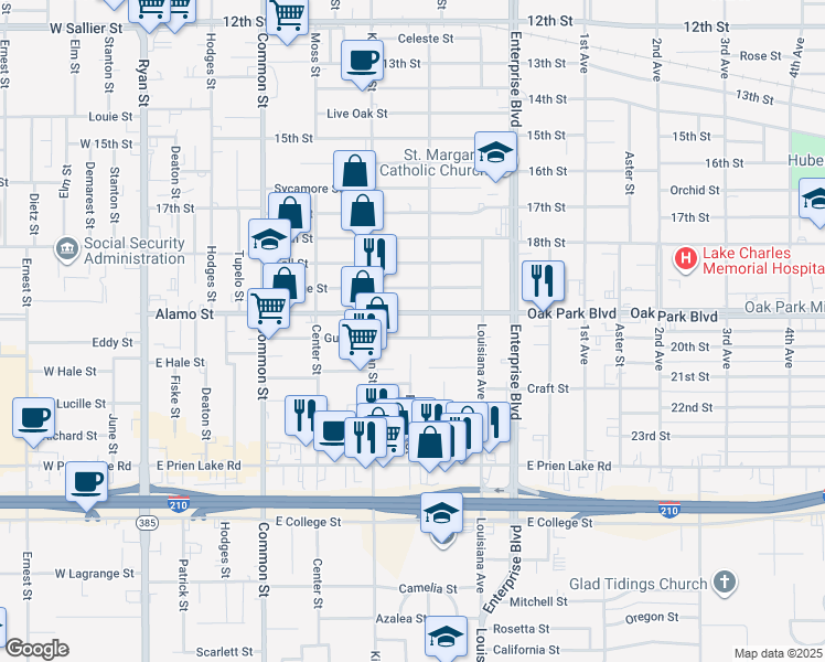 map of restaurants, bars, coffee shops, grocery stores, and more near 916 Gulf Street in Lake Charles