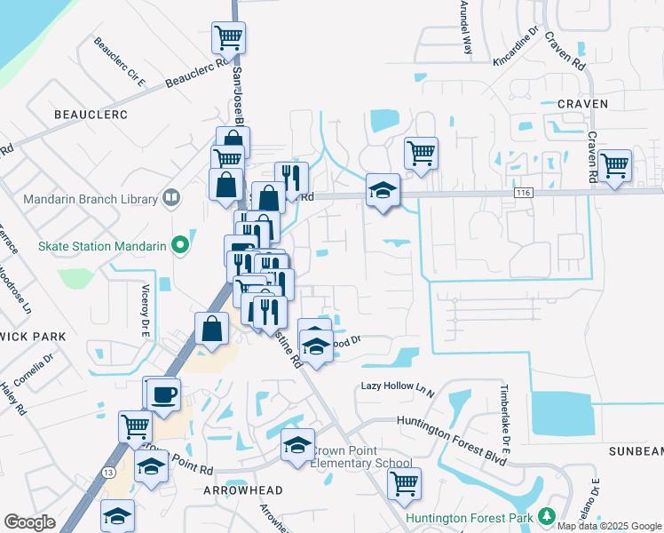 map of restaurants, bars, coffee shops, grocery stores, and more near 3897 Pritmore Road in Jacksonville