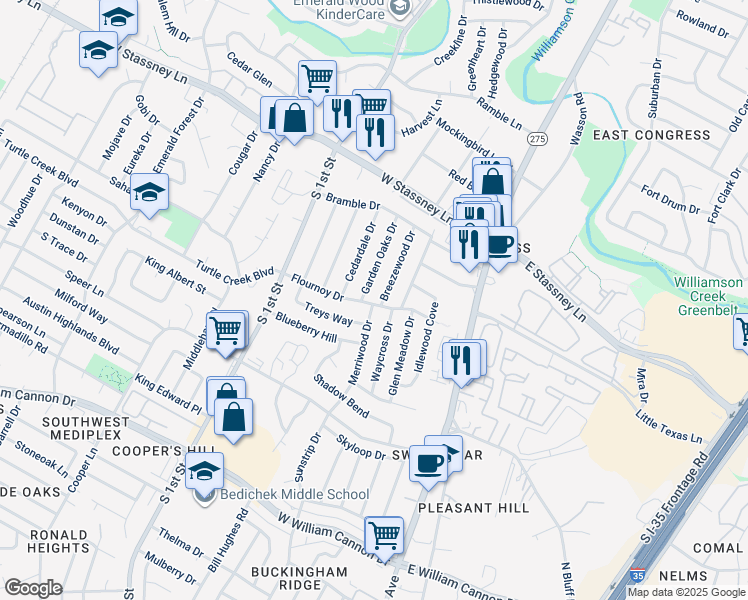 map of restaurants, bars, coffee shops, grocery stores, and more near 317 Flournoy Drive in Austin