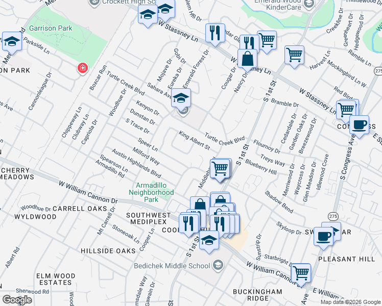 map of restaurants, bars, coffee shops, grocery stores, and more near 806 Eberhart Lane in Austin