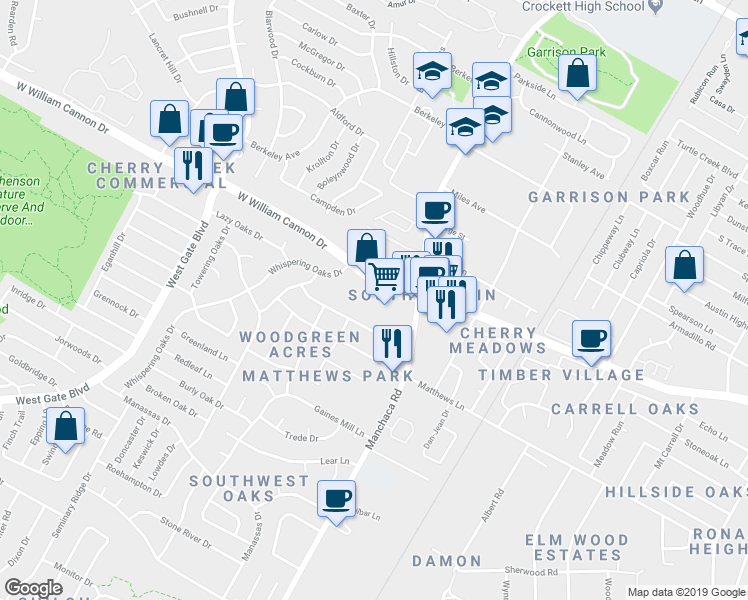 map of restaurants, bars, coffee shops, grocery stores, and more near 2121 West William Cannon Drive in Austin