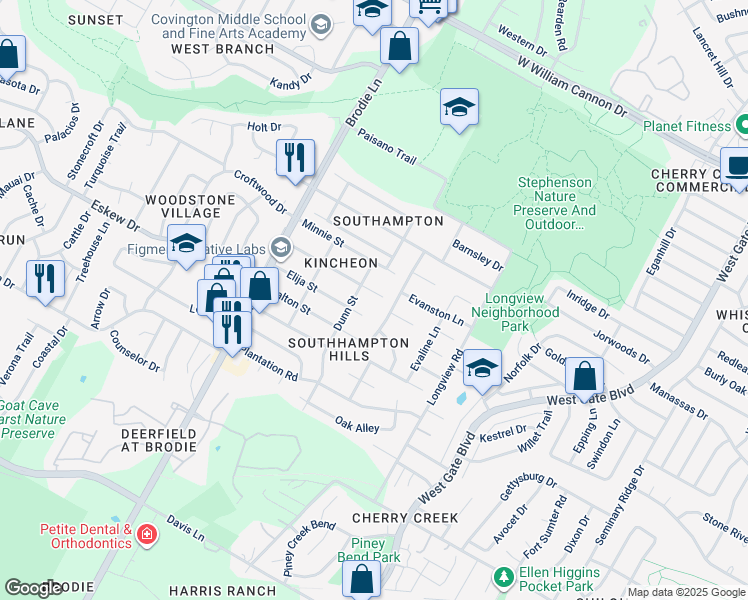 map of restaurants, bars, coffee shops, grocery stores, and more near 3306 Elija Street in Austin