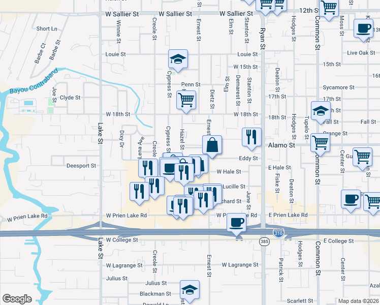 map of restaurants, bars, coffee shops, grocery stores, and more near 2915 Hazel Street in Lake Charles