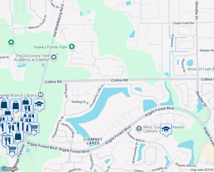map of restaurants, bars, coffee shops, grocery stores, and more near 9200 Prosperity Lake Drive in Jacksonville
