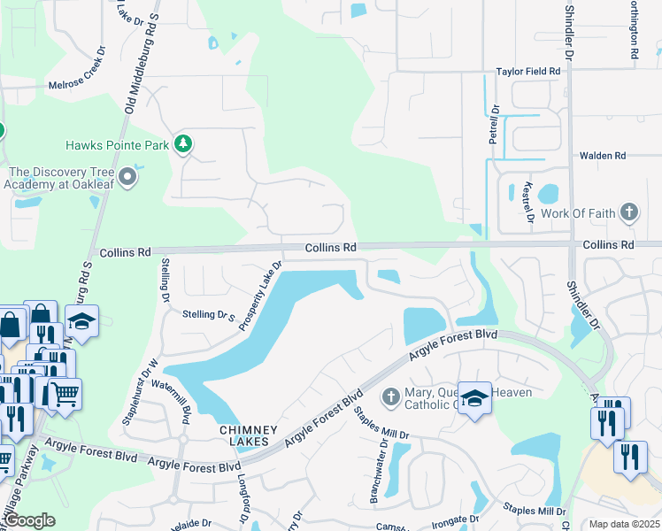 map of restaurants, bars, coffee shops, grocery stores, and more near 9140 Prosperity Lake Drive in Jacksonville