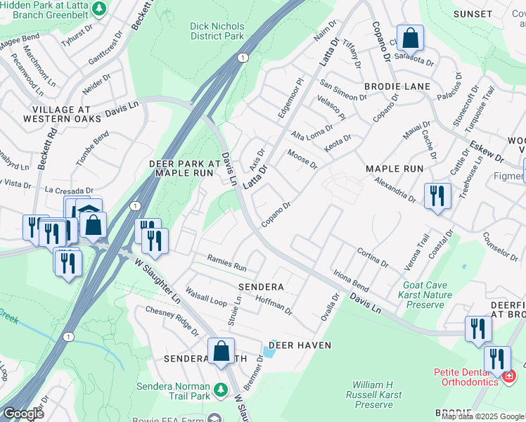 map of restaurants, bars, coffee shops, grocery stores, and more near 8813 Barrow Glen Loop in Austin