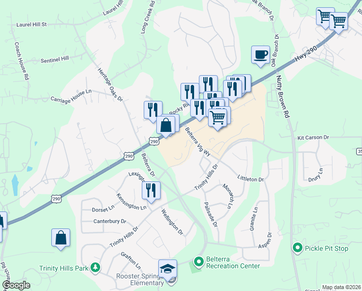 map of restaurants, bars, coffee shops, grocery stores, and more near 168 Belterra Village Way in Austin