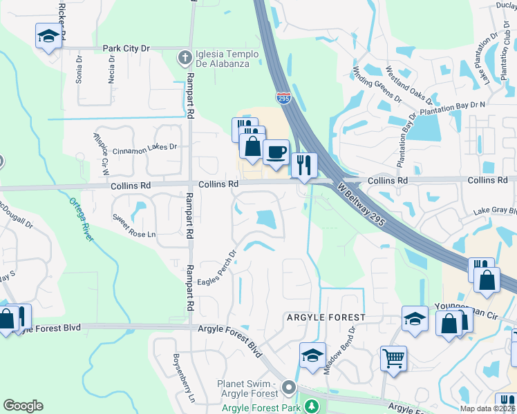 map of restaurants, bars, coffee shops, grocery stores, and more near 7058 Star Rush Drive in Jacksonville