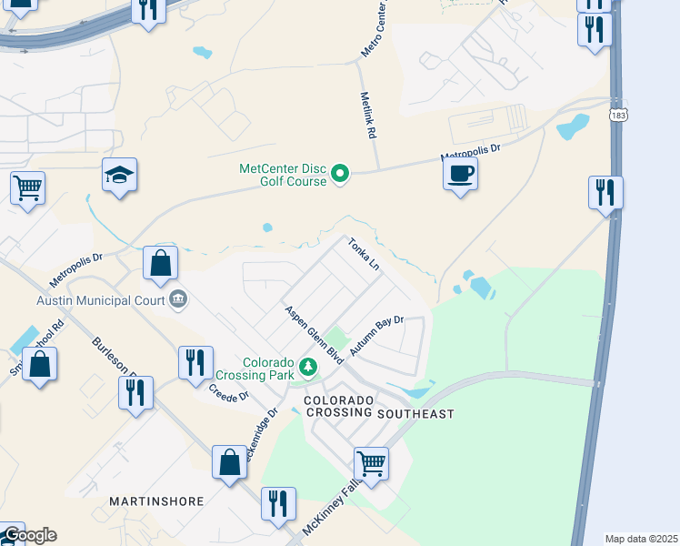 map of restaurants, bars, coffee shops, grocery stores, and more near 7104 Razors Edge Drive in Austin