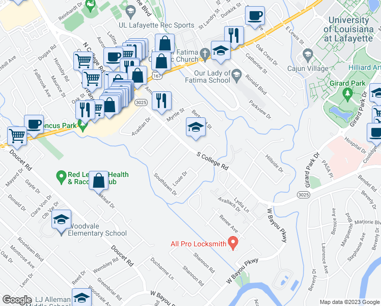 map of restaurants, bars, coffee shops, grocery stores, and more near 101 South Southlawn Drive in Lafayette