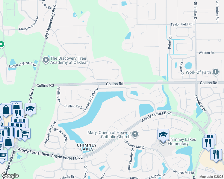 map of restaurants, bars, coffee shops, grocery stores, and more near 9152 Prosperity Lake Drive in Jacksonville