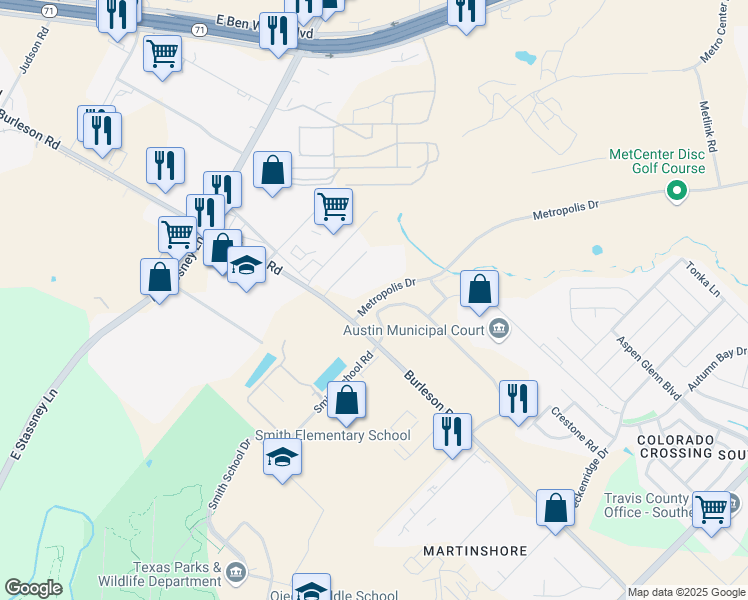 map of restaurants, bars, coffee shops, grocery stores, and more near 6500 Metropolis Drive in Austin