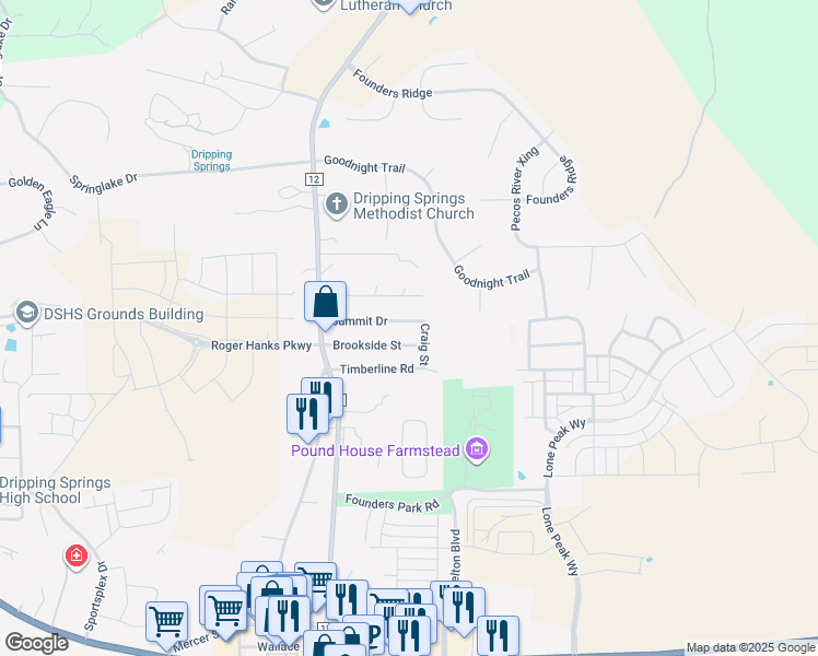 map of restaurants, bars, coffee shops, grocery stores, and more near 120 Craig Street in Dripping Springs