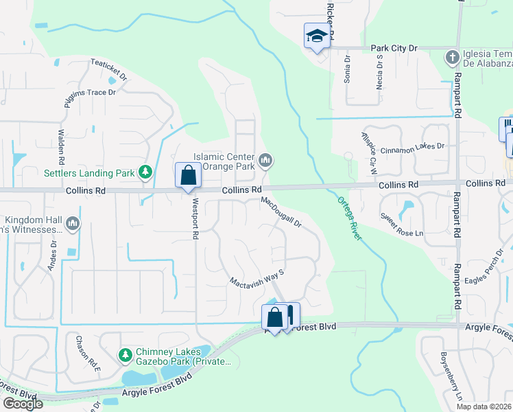 map of restaurants, bars, coffee shops, grocery stores, and more near 8008 Bannockburn Drive in Jacksonville