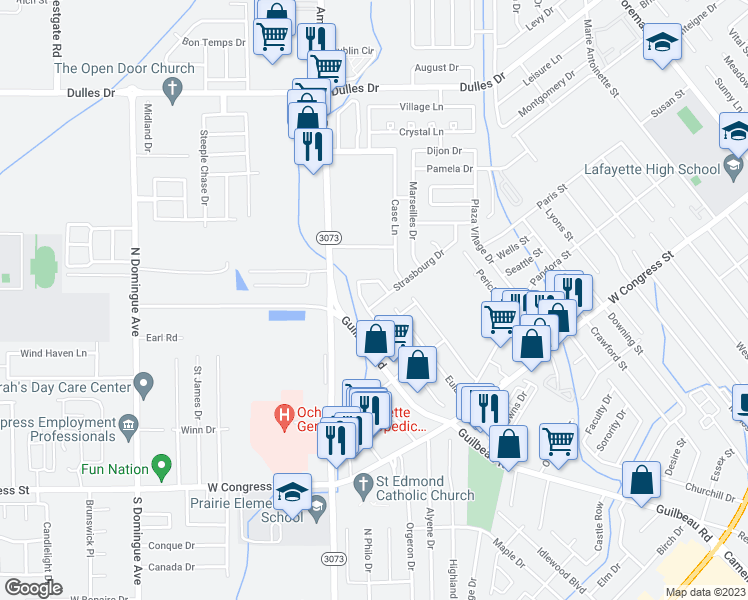 map of restaurants, bars, coffee shops, grocery stores, and more near 504 Strasbourg Drive in Lafayette